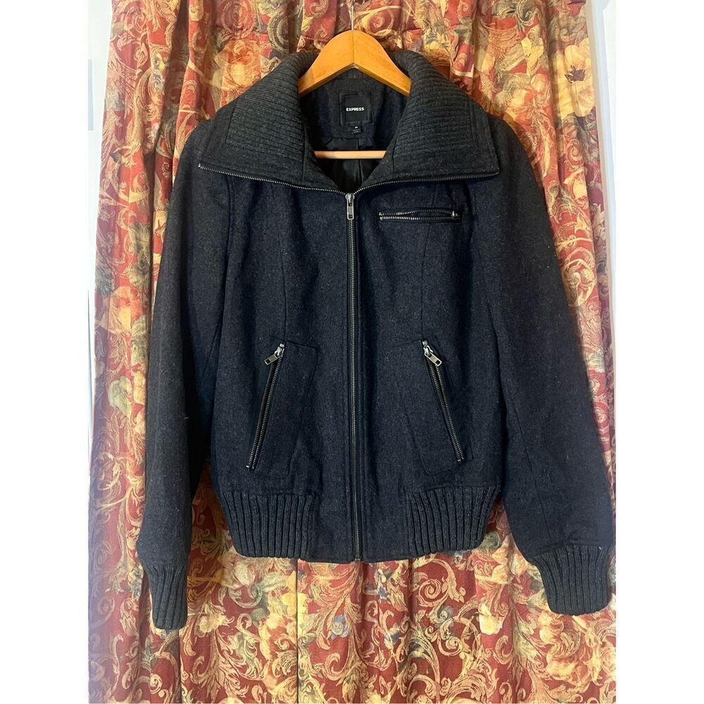 Express Vintage Kowel  Neck Banded Gray‎ Zip Front Jacket